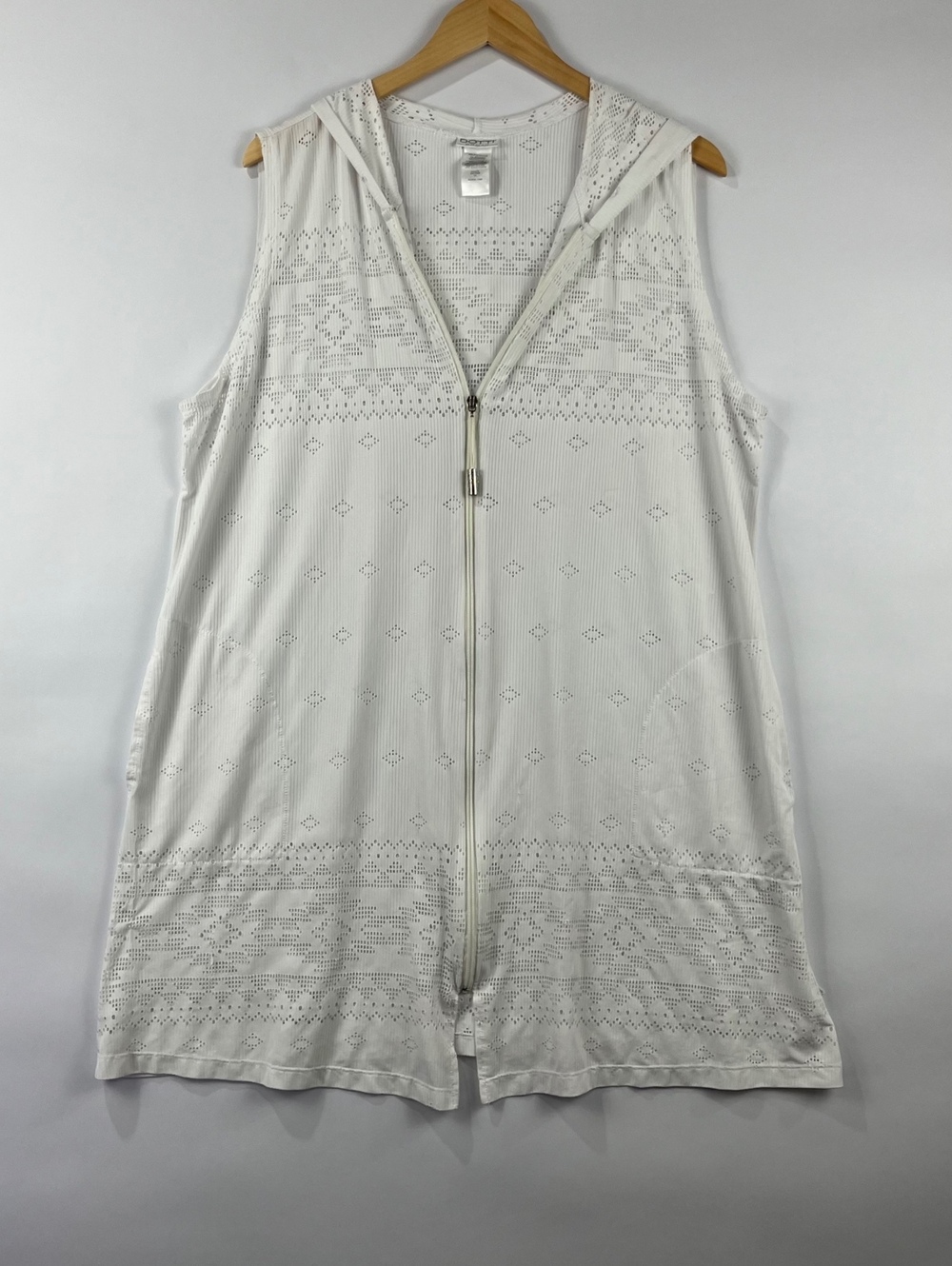 Dotti Woman Hooded Lace Openwork Longline Zip Front Vest Pockets XL Boho